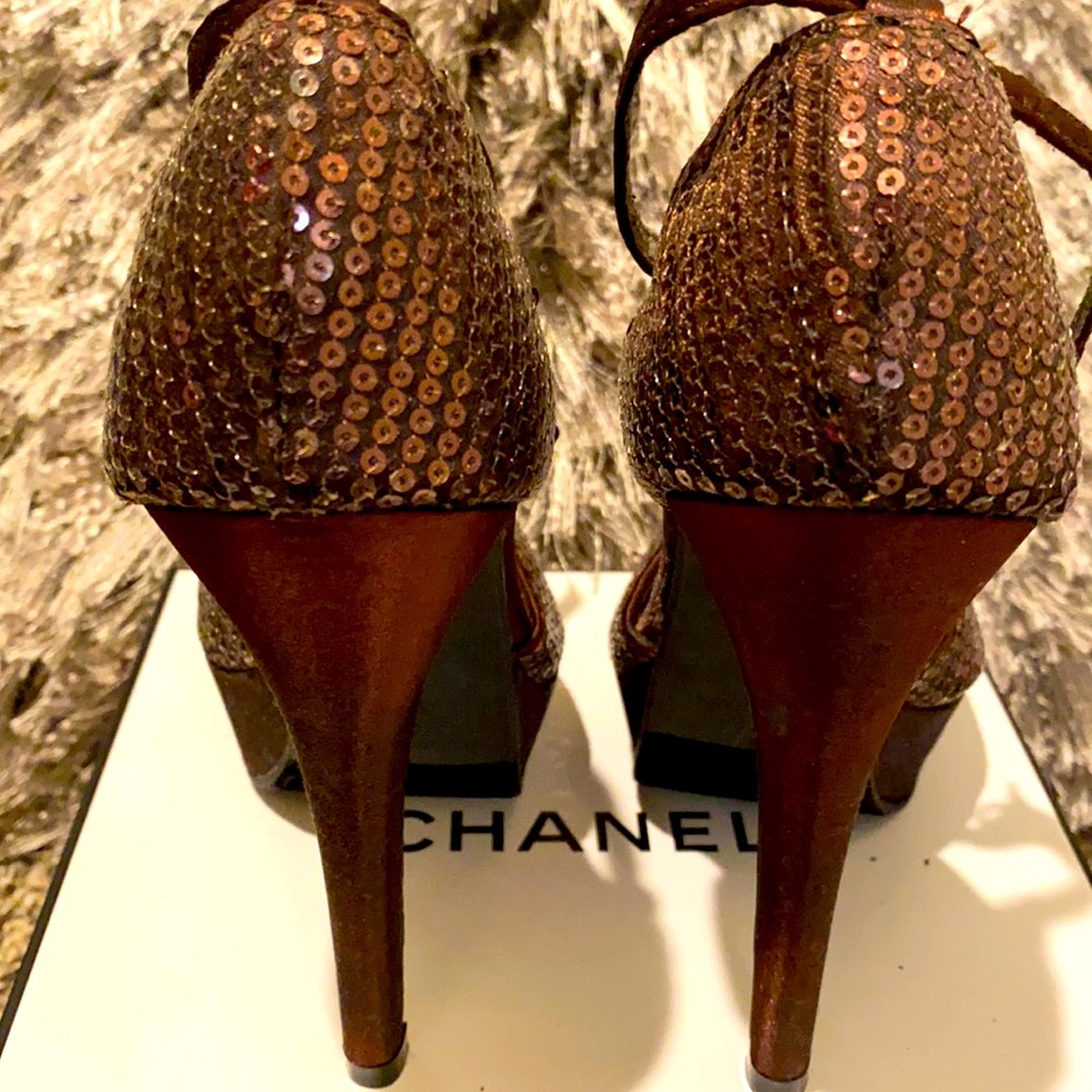 Like new brown sequin peep toe ankle stilettos